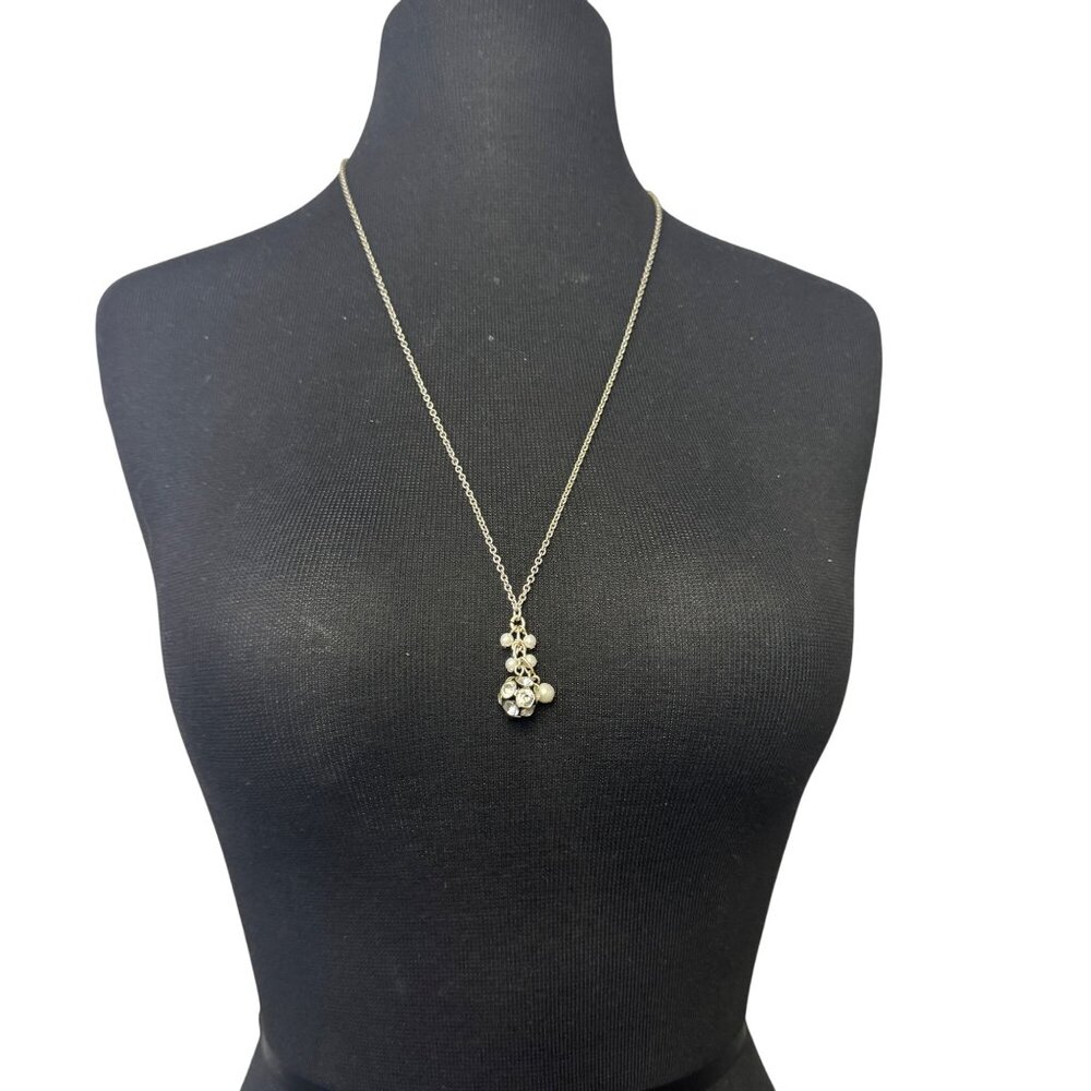 AEO Silver Necklace Dangling Charm Rhinestones Faux Pearls Lobster Clasp Chain J